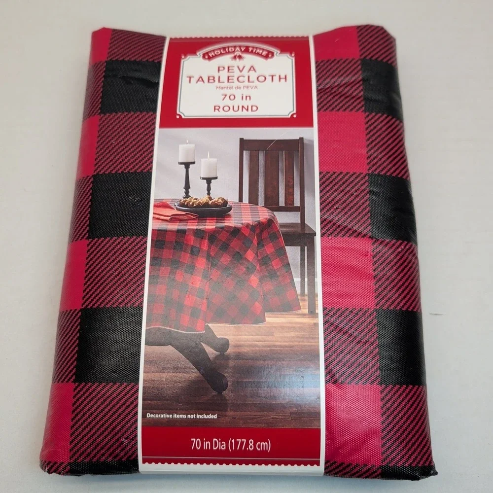 Lot of 4 Peva Vinyl Tablecloth 70 inch Round Fall Autumn Plaid Check Stars‎
